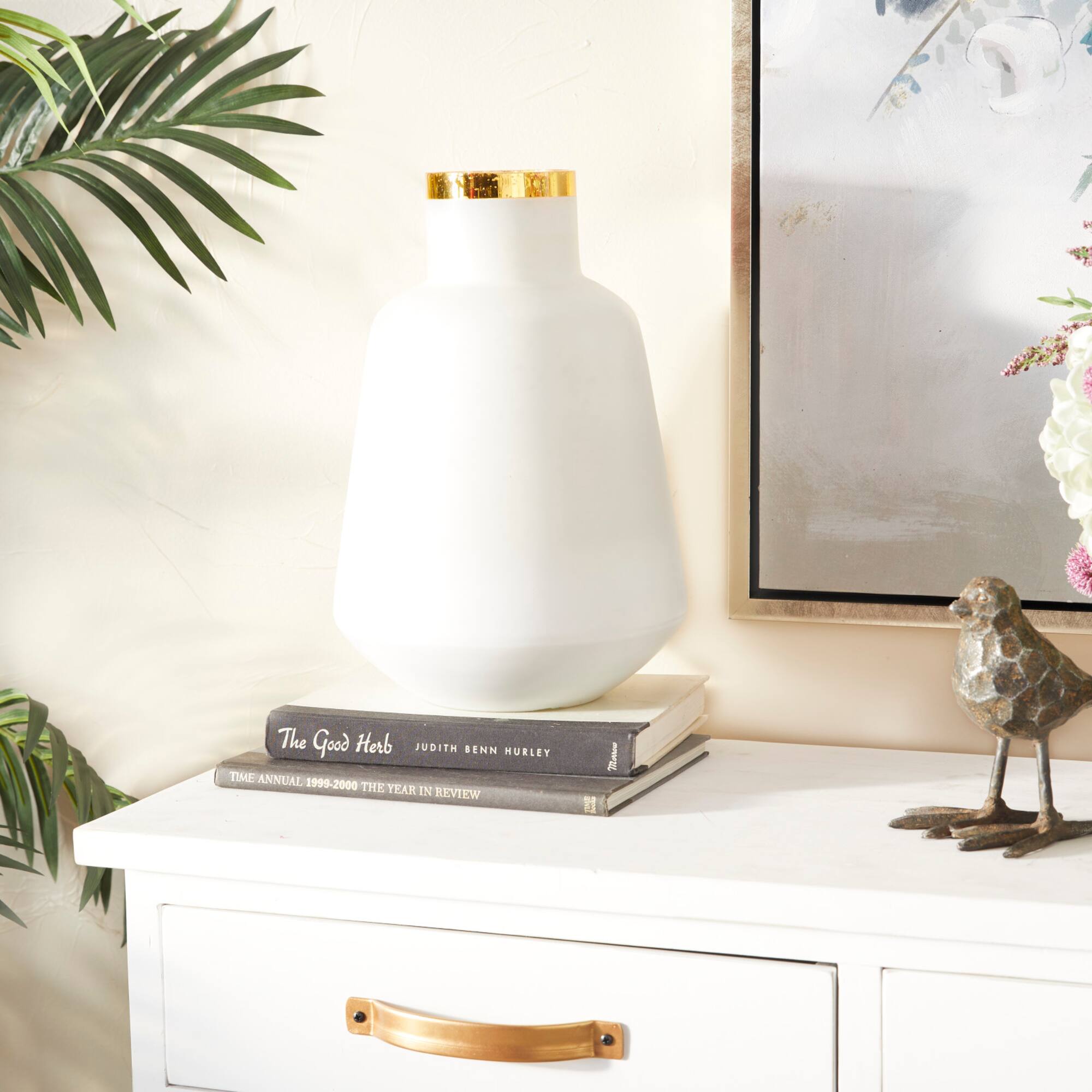 White Glass Glam Vase, 15" x 10" x 10"